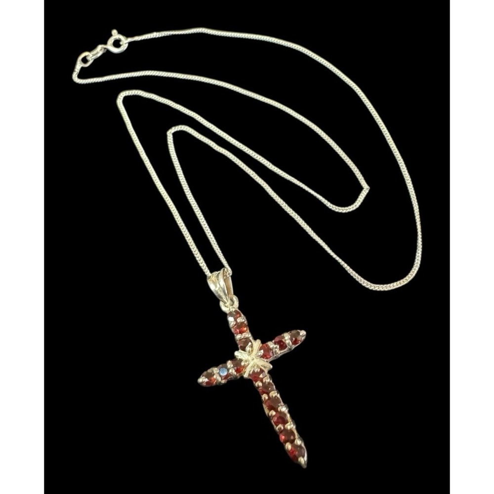 Vintage Cross Pendant Garnet Sterling Silver 925 Red January Birthstone Jesus